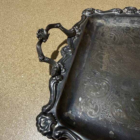 VTG Silverplate Serving Tray Ornate Scroll Handles 21.5x14 Unmarked - Picture 3 of 9